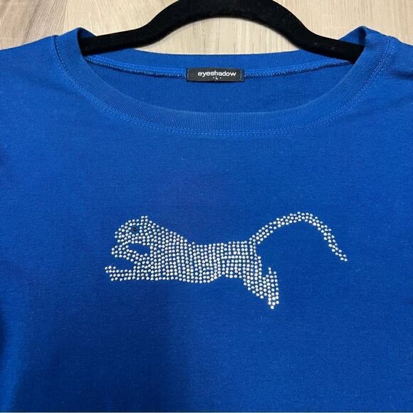 NWOT eyeshadow blue top with bling cat sz L vintage Y2K Long sleeves 100% Cotton - Picture 7 of 13